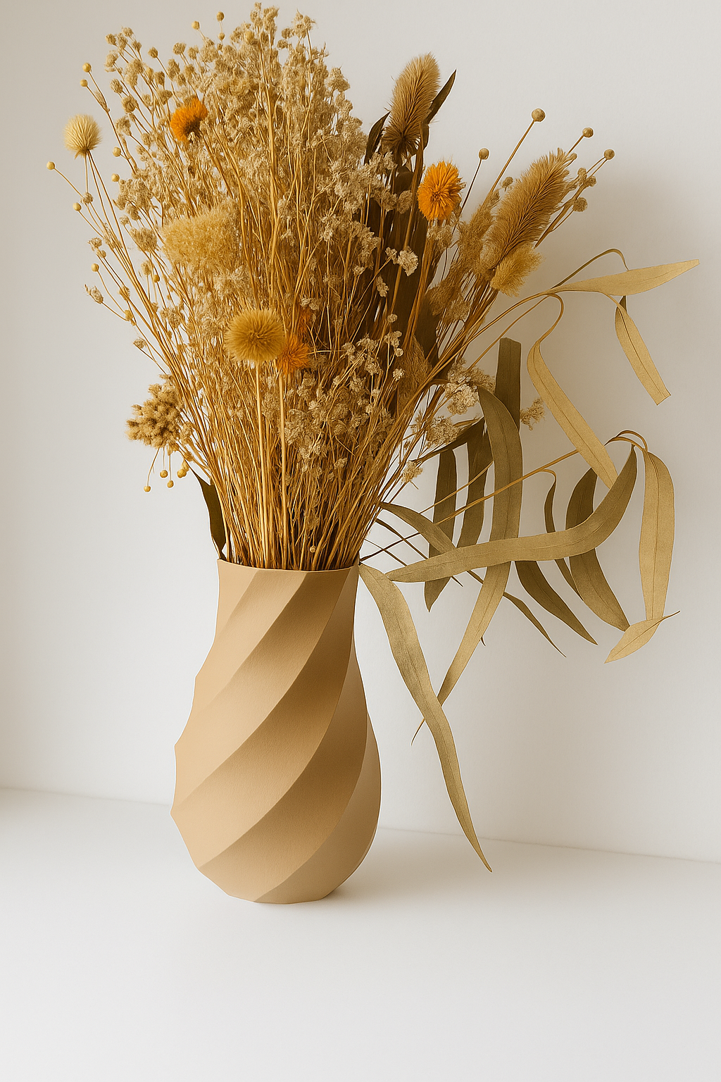 Vase spiralé beige imprimé en 3D, style cocooning
